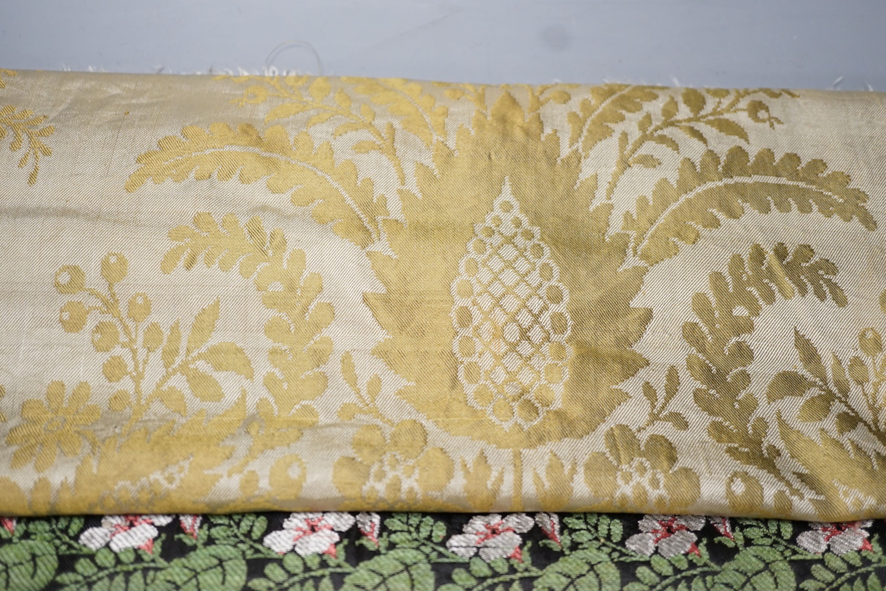 A 19th century Lyon silk stole and similar silk damask stole